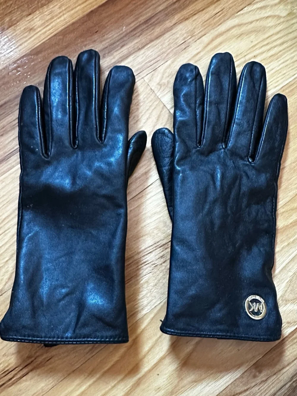 Michael Kors Black Leather Gloves with Gold MK Emblem